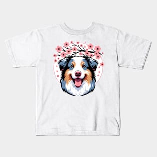 Australian Shepherd Welcomes Spring with Cherry Blossoms Kids T-Shirt